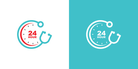 24 hour medical care service design template. day/night service button symbol. stethoscope logo concept with time clock