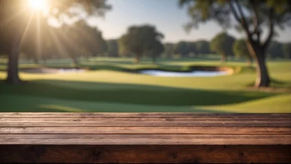 Fotobehang Empty wooden table on defocused blurred golf course background. © New generate