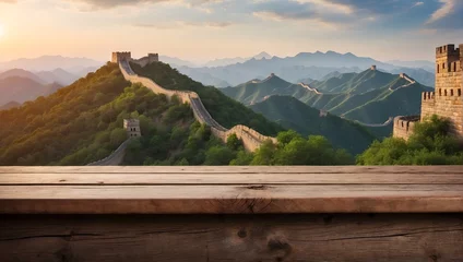 Photo sur Plexiglas Mur chinois Empty wooden table on defocused blurred great wall of china background.