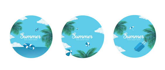 Three circular backgrounds for text about summer travel. sky and soft sunlight hitting coconut trees next to sea serve as background elements - obrazy, fototapety, plakaty