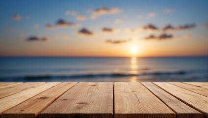 Fototapeta na wymiar Empty wooden table on defocused blurred light sea background.