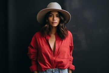 Fashionable woman in red shirt and hat posing on black background