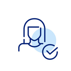 Approved user. Secure profile. Woman with long hair. Pixel perfect, editable stroke icon
