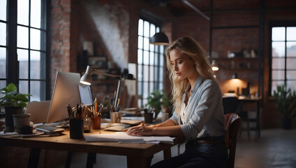 Young female freelancer working in loft office
