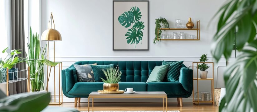 Beautifully decorated living rooms with a retro vibe, featuring a mock-up poster frame, vintage furniture, velvet sofa, designer lamps, a gold shelf, plants, and elegant accessories.
