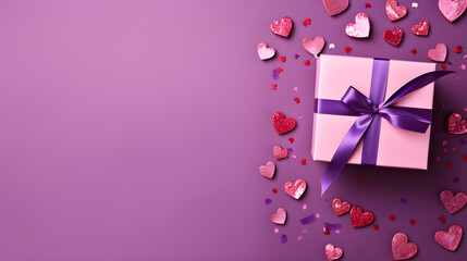 Gift box with beautiful ribbon concept for Valentine's Day, Anniversary, and Mother's Day. Isolated on a Solid Purple Background with copyspace
