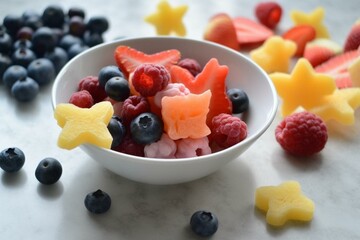 Fruit mix forming pineapple, orange, blueberry, and strawberry shapes. Generative AI