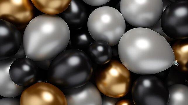 Black and gold flying balloons in front of a black wall. generative ai.