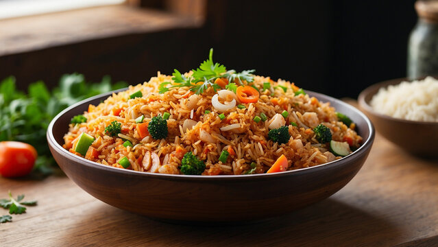 savory essence of Kimchi fried rice on a wooden table the dish from a side view, focusing on the medley of colorful vegetables, aromatic rice, and the tantalizing blend of flavors