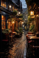 Fototapeta na wymiar Cozy alleyway lined with pubs and eateries, creating an inviting ambiance in the evening, Generative AI