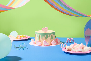 Front view of origami birthday cake decorated with heart-shaped marshmallows, balloons, colored strips and ribbons decorated around on a blue-green background. Copy space.