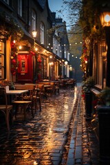Cozy alleyway lined with pubs and eateries, creating an inviting ambiance in the evening, Generative AI