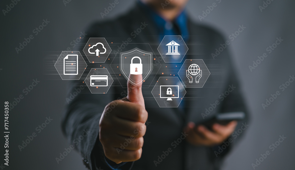Poster Cybersecurity and privacy concepts to protect data. Lock icon and internet network security technology. Businessman protecting personal information data show on hand, secure, password, privacy, access