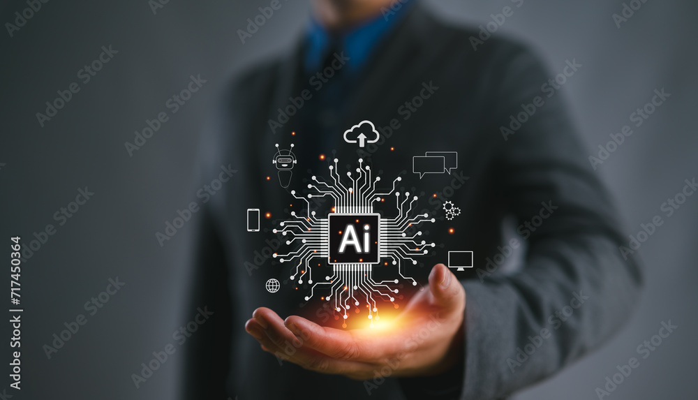 Aufkleber Ai technology, Artificial Intelligence. man using technology smart robot AI, artificial intelligence by enter command prompt for generates something, Futuristic technology transformation. Chat with AI