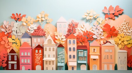 Fototapeta premium cityscape illustration landscape paper cut out art style. urban city cityscape with house, tree, leaf. colorful color theme