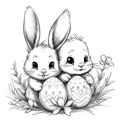 Coloring page easter bunny eggs created with AI