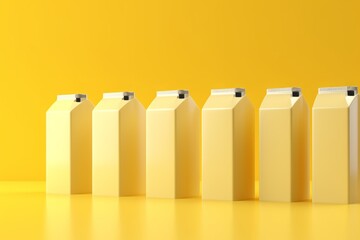 Row of Retro-Styled Milk Cartons, on isolated yellow background, Generative AI
