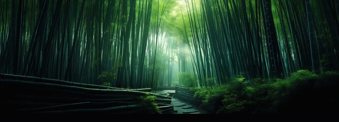 Green bamboo forest with a small path in the middle. generative ai.