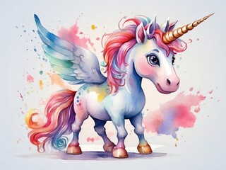 Lovely white unicorn with golden horn, beautiful pink mane and colored wings in watercolor painting style, close-up on a light background