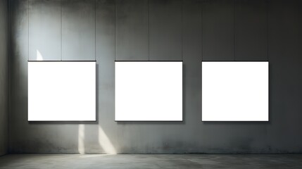 A row of empty white frames in the room