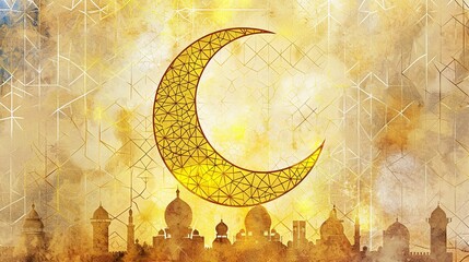 Ramadan Kareem greeting card with mosque and crescent moon.