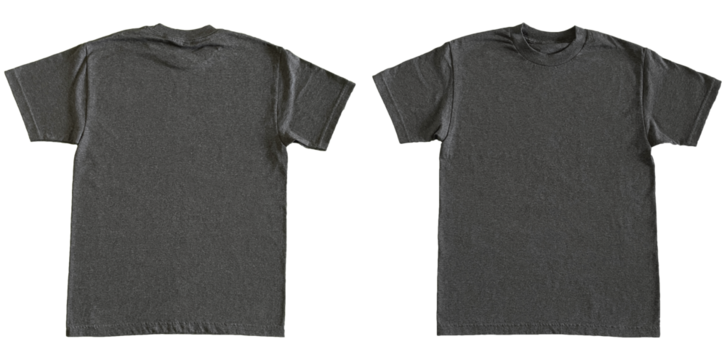 Blank T Shirt Color Charcoal Heather Template Mockup Front and Back View on Transparent Background