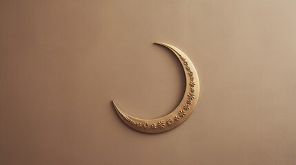 Gold crescent moon on a brown or beige wall.