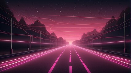 Retro pink road digital highway background with neon grid lines from Generative AI
