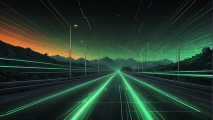 Retro green road digital highway background with neon grid lines from Generative AI