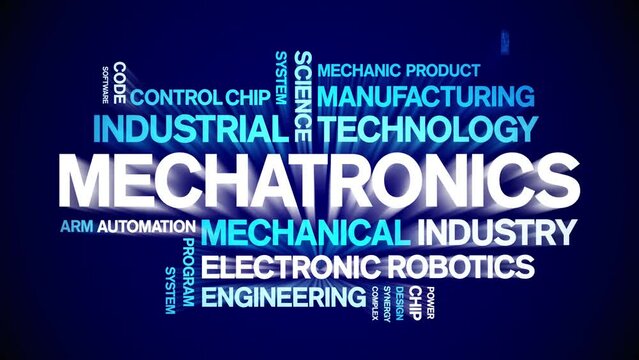 Mechatronics animated tag word cloud;text design animation kinetic typography seamless loop.