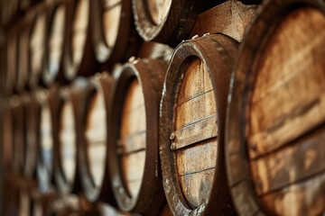 Traditional wooden barrels in vintage wine cellar