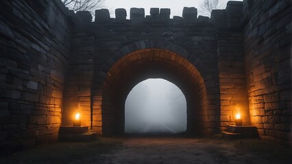 Ancient castle kingdom foggy tunnel made with bricks with torches and arches from Generative AI