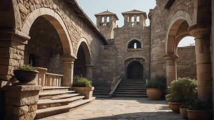 ancient castle kingdom hall made of stone with arches and stairs leading up to the balcony outside from Generative AI