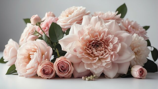 Beautiful floral arrangement on white background with pink flower composition for Valentine's Day or Mother's Day from Generative AI