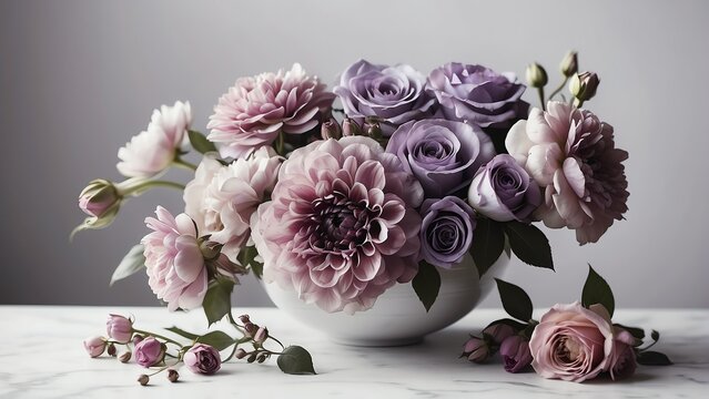 Beautiful floral arrangement on white background with purple flower composition for Valentine's Day or Mother's Day from Generative AI