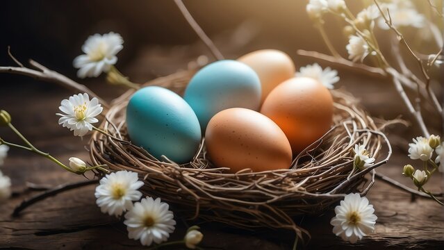 Colorful painted eggs on a nest with twigs with sunlight rays and white flowers, easter concept banner backround from Generative AI