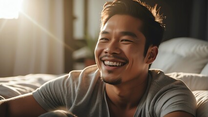 Happy smiling handsome filipino man on bed in the morning with sunlight rays from Generative AI