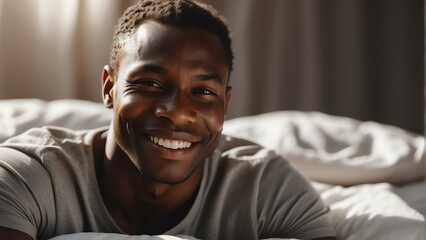 Happy smiling handsome black african man on bed in the morning with sunlight rays from Generative AI