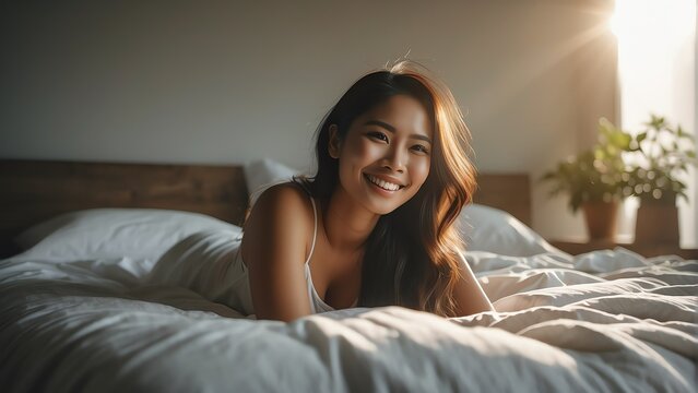 Happy smiling breautiful filipino woman on bed in the morning with sunlight rays from Generative AI