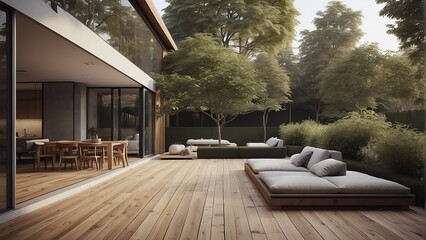 Modern minimalist contemporary terrace with wooden flooring overlooking the grass greenery from Generative AI