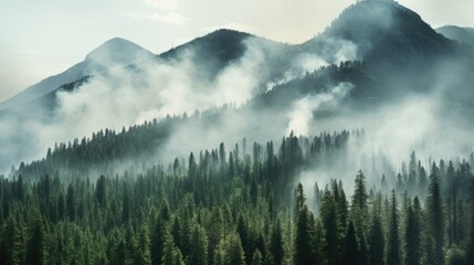 Smoke rises from the trees lining the mountains slopes, giving the impression of a smoldering forest.