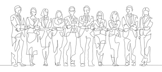 Continuous line drawing  group of creative team meeting hands together in line. Business people teamwork acquisition, brainstorm concept.