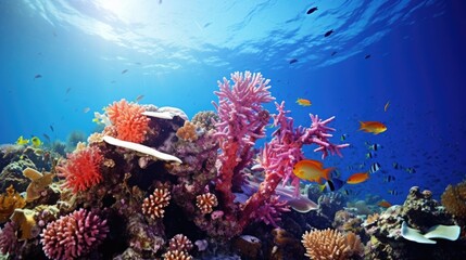 Obraz premium A closeup shot of a coral reef, with small fish swimming a the vibrant colors and intricate structures. However, upon closer inspection, the image reveals the impact of noise pollution on