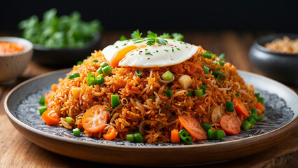 Picture Kimchi fried rice plated elegantly on a wooden table from a side perspective, highlighting the intricate details of each ingredient and the inviting textures that make this dish a culinary del