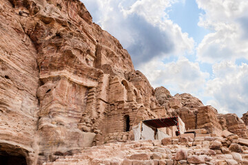 The part of Great Temple is archaeological ruins of the massive structure covering in the Nabatean Kingdom of Petra in the Wadi Musa city in Jordan