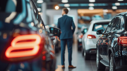 Rear view of professional man in suit in car showroom