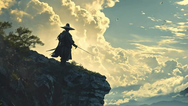 video illustration of a samurai on a cliffvideo illustration of a samurai on a cliff