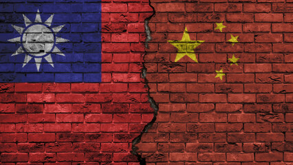 China versus Taiwan, the two flags of the countries on an old brick wall, separated by a crack