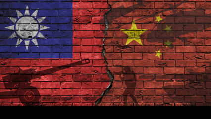 China versus Taiwan, the two flags of the countries on an old brick wall, separated by a crack with the silhouette of military personnel