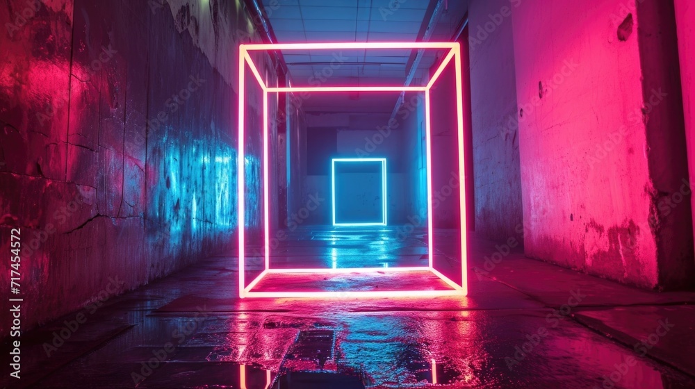 Wall mural a neon cube gracefully rotating in a mesmerizing display of precision and movement.